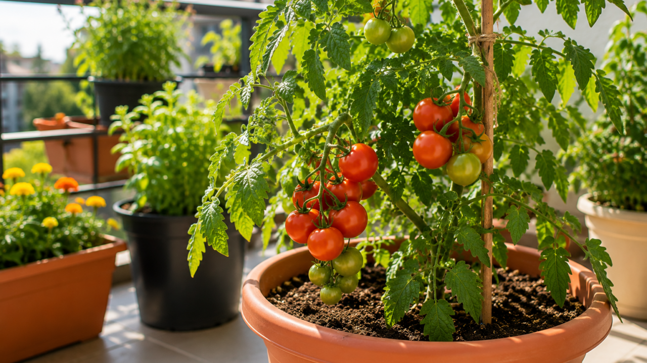 Tomatera creciendo en una maceta de tamaño adecuado