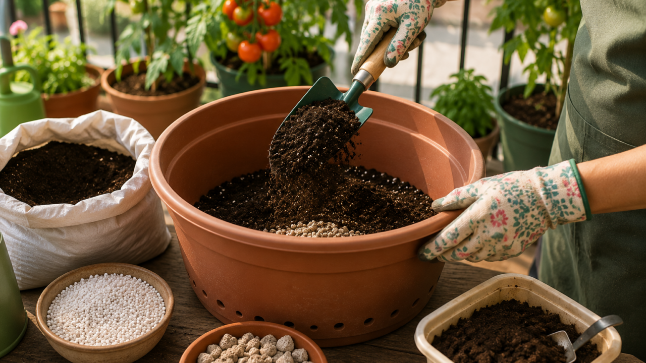 Tomates creciendo en recipiente con soporte