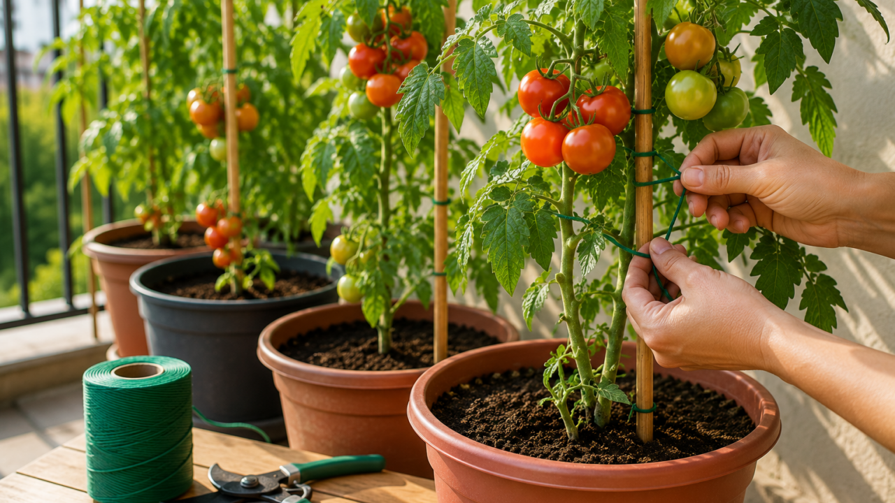 Tomatera en maceta con soporte para mantener los tallos firmes