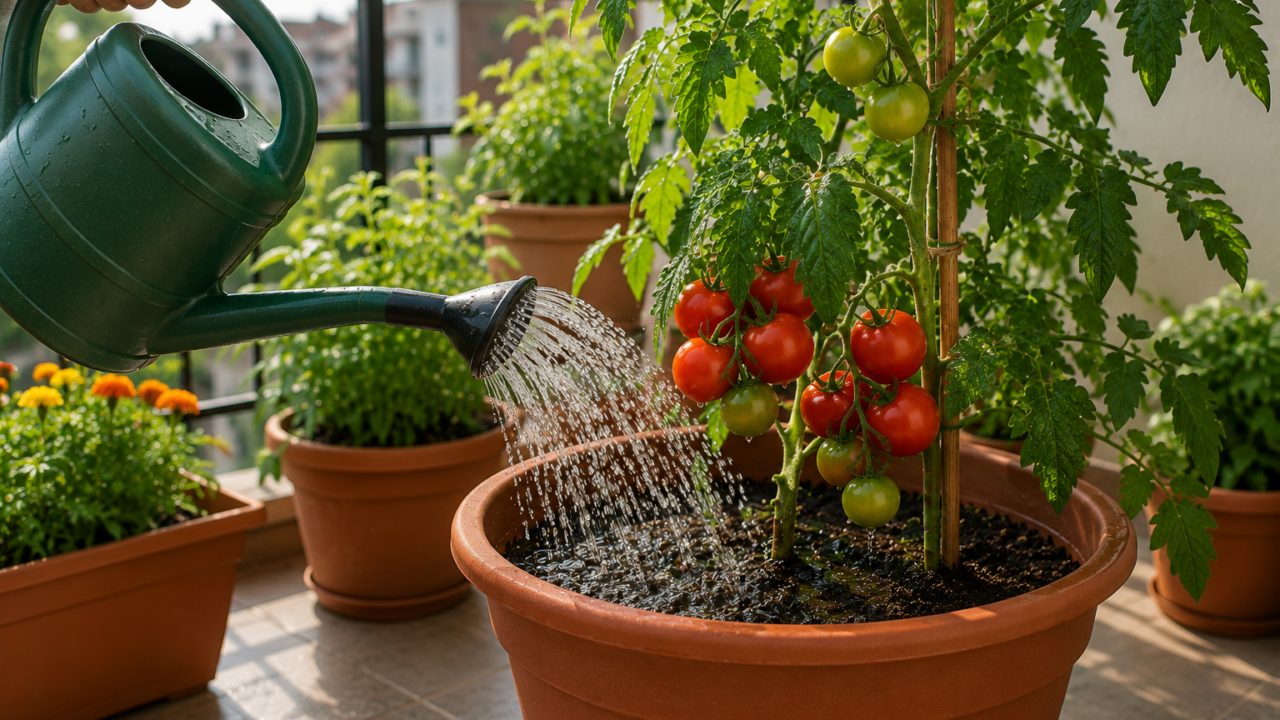 Tomatera en maceta durante su desarrollo