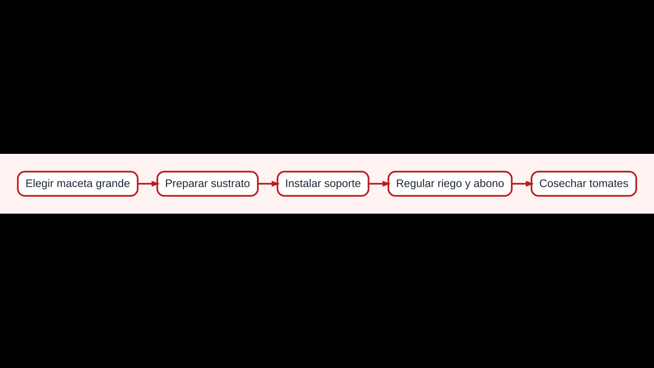 Diagrama del cultivo de tomates en maceta desde la elección del recipiente hasta la cosecha