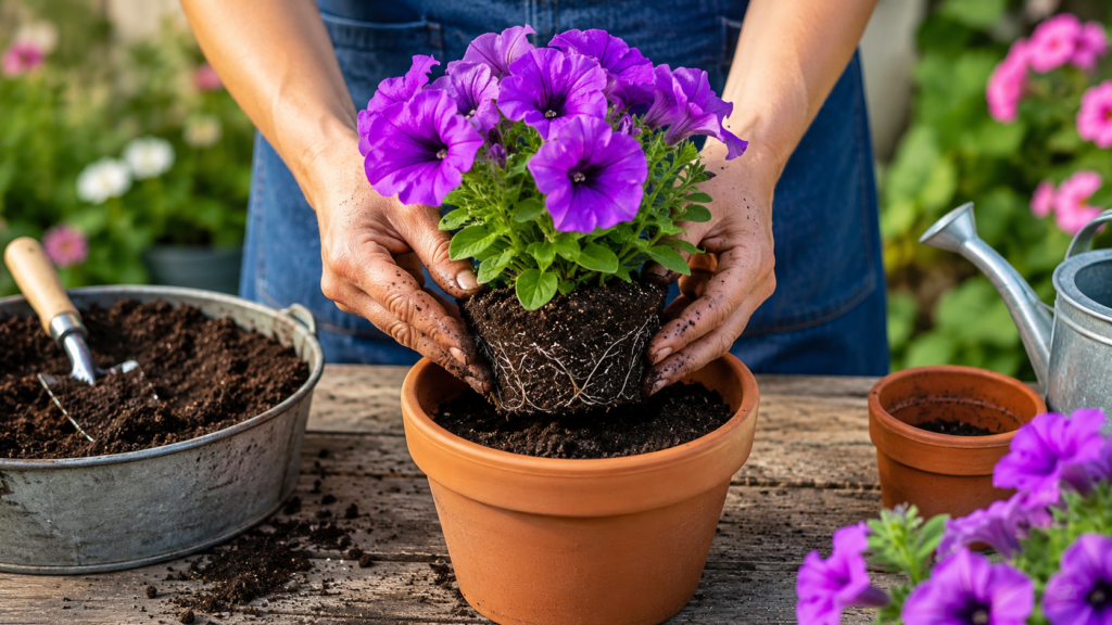 Trasplante de una petunia morada a una maceta con sustrato nuevo