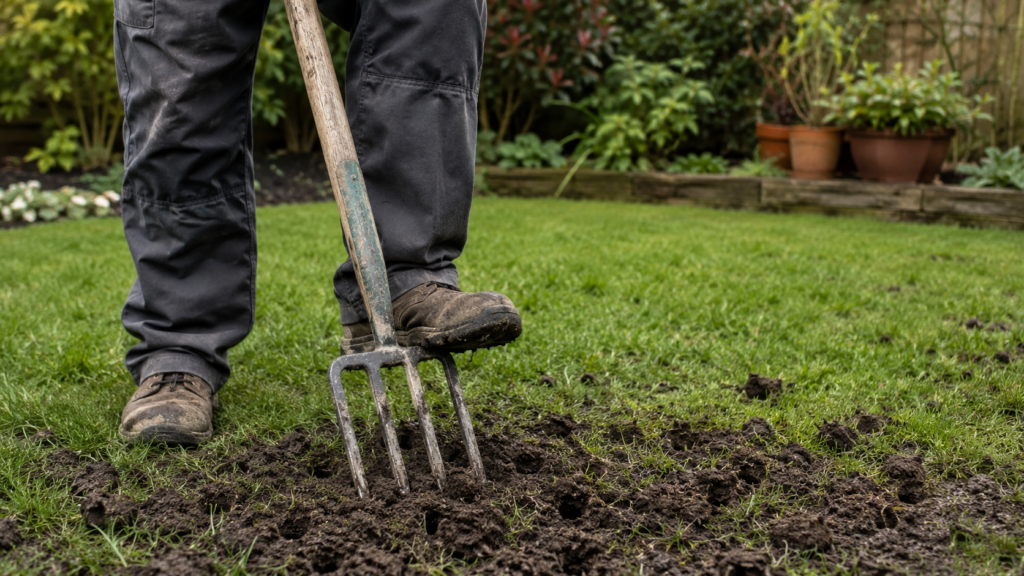 Aireación de césped compactado con una horca de jardín