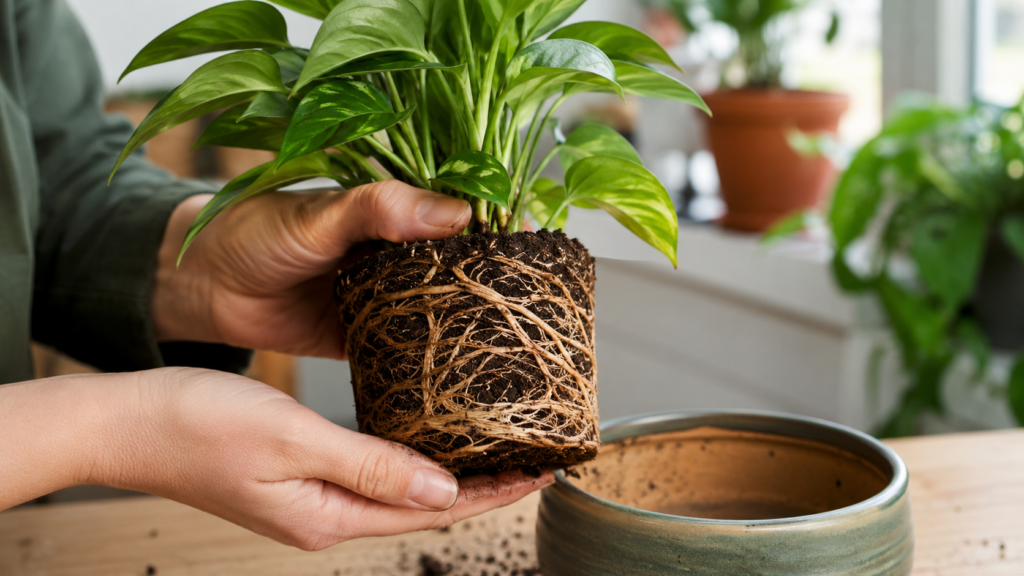 Planta con raíces muy compactadas indicando que necesita una maceta más grande