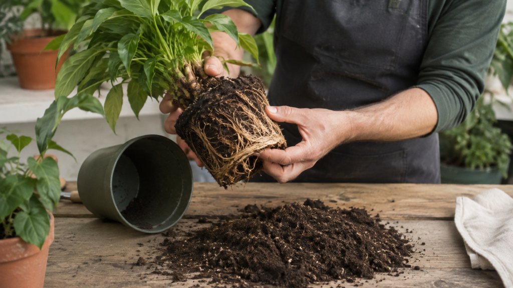 Persona revisando el sistema de raíces de una planta para identificar problemas de salud