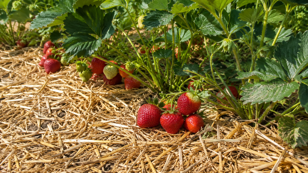 Plantas de fresa con frutos sobre una capa de paja