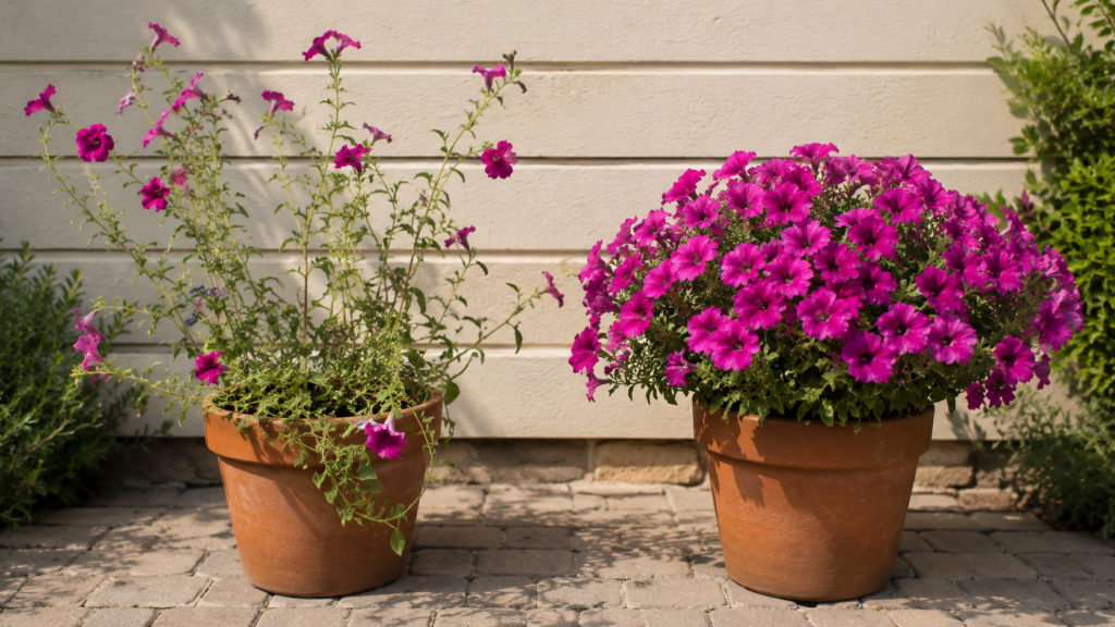 Comparación entre una petunia alargada y una petunia compacta con abundante floración