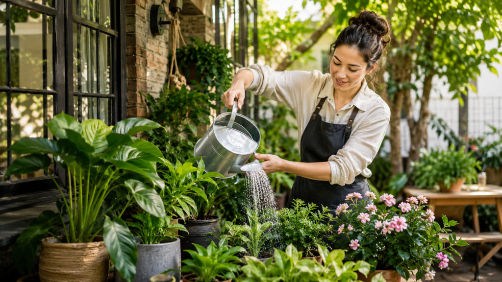 Mujer regando correctamente varias plantas en un jardín doméstico