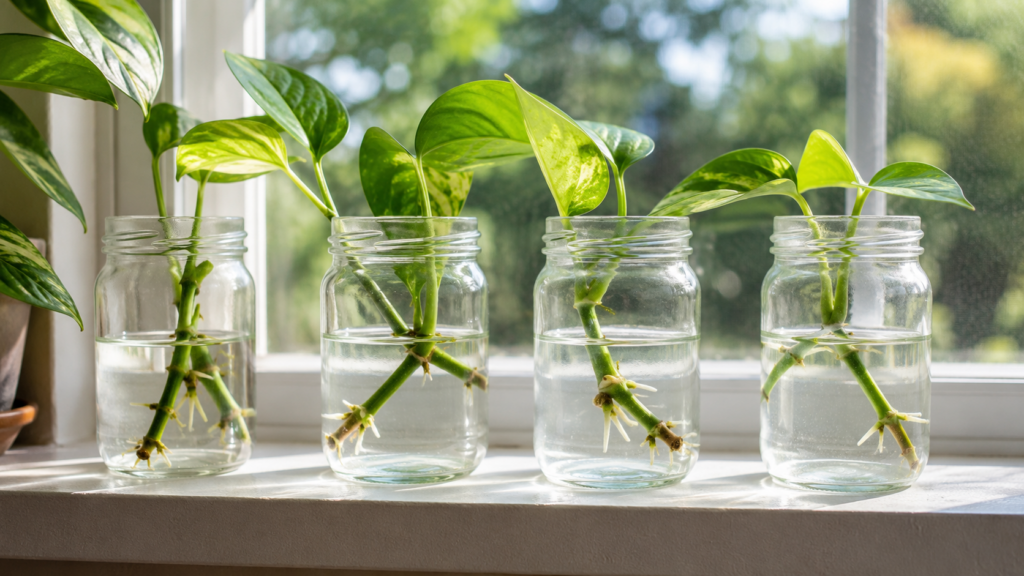 Esquejes de pothos en recipientes con agua desarrollando nuevas raíces