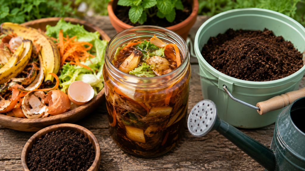Preparación líquida casera con restos orgánicos para plantas