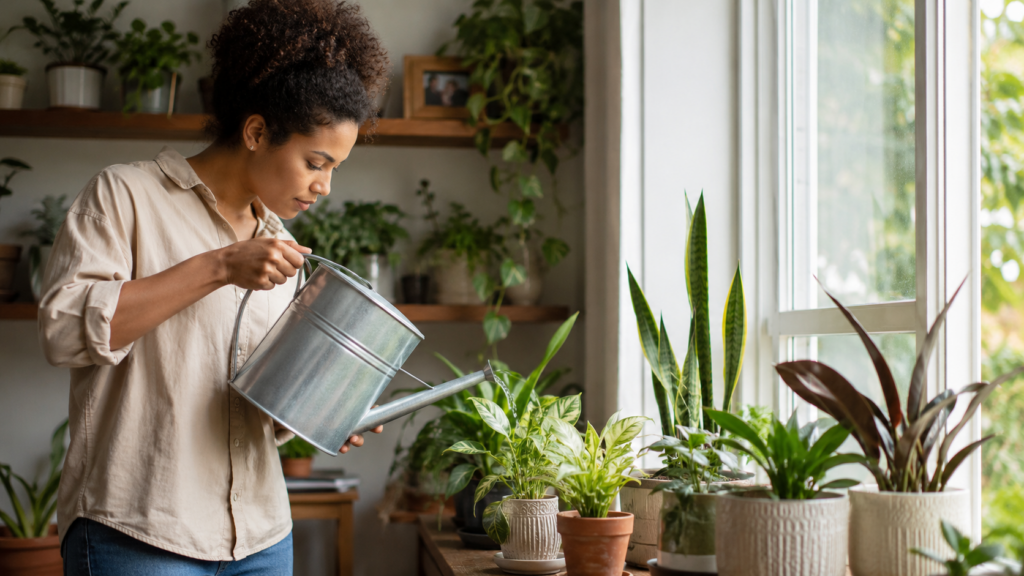 Mujer regando plantas de interior colocadas junto a una ventana luminosa