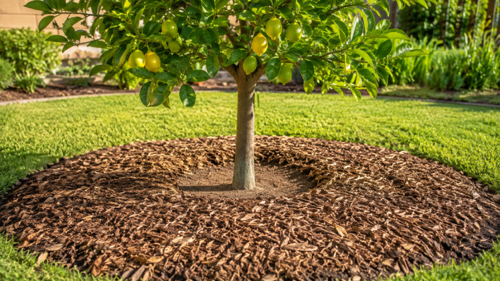 Árbol joven con acolchado orgánico separado del tronco