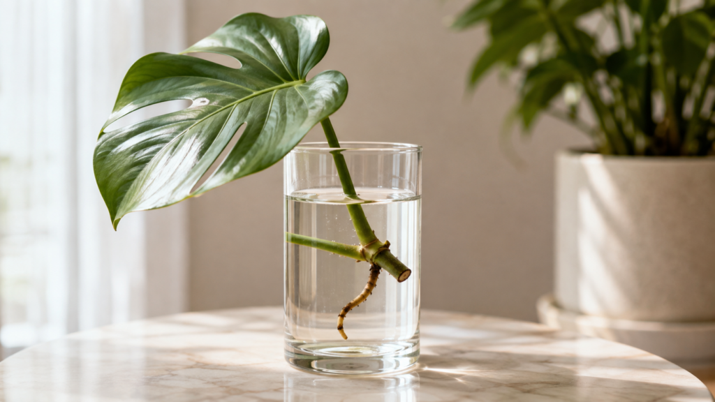 Esqueje de monstera con nudo y raíz desarrollándose dentro de un recipiente con agua