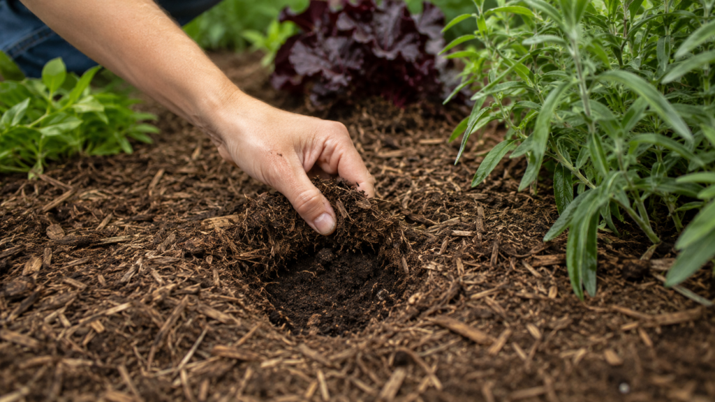 Mano apartando el mulch para revisar la humedad del suelo