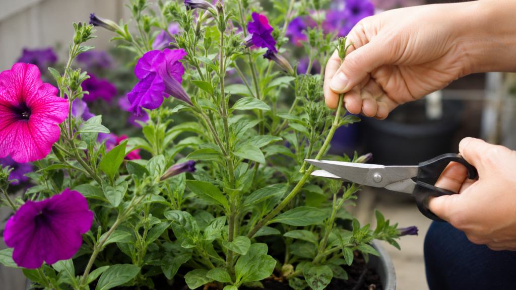 Poda de un tallo largo de petunia con tijeras de jardinería