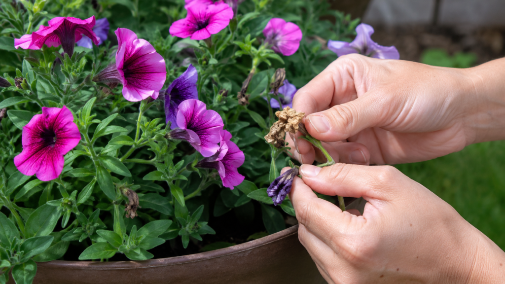 Eliminación manual de flores marchitas en petunias