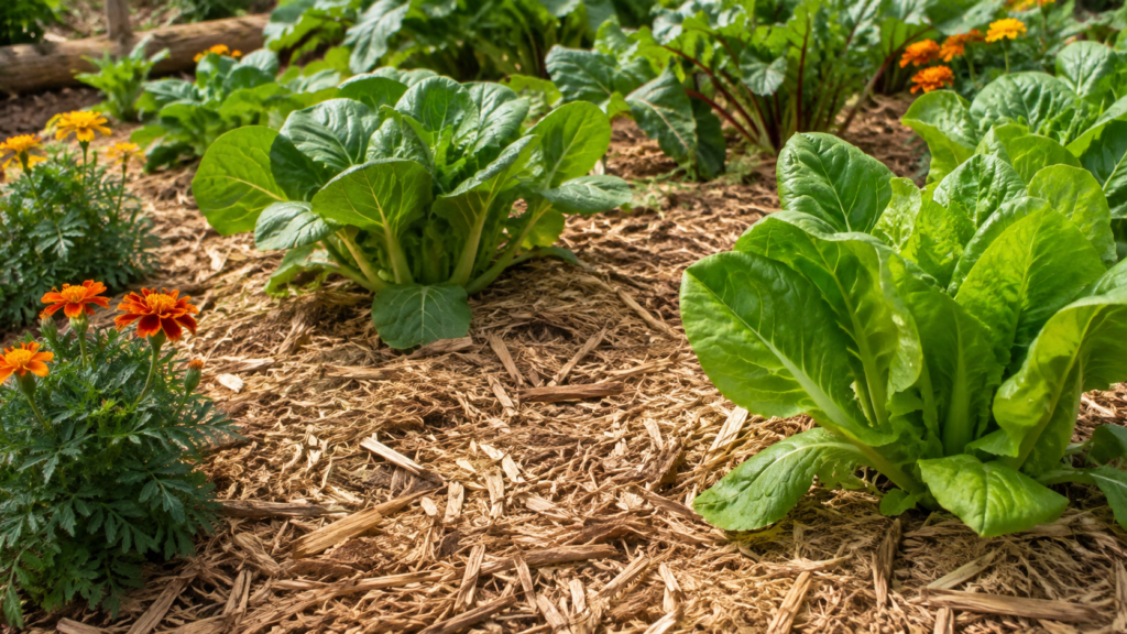 Huerto con acolchado alrededor de las plantas para ayudar a conservar la humedad del suelo