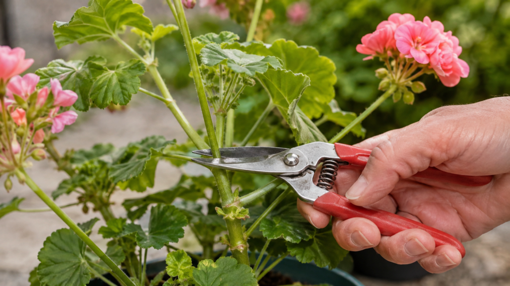 Poda de un tallo de geranio con tijeras de jardinería