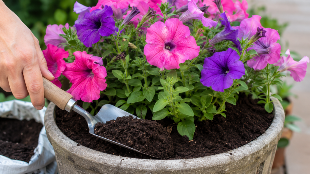 licación de compost alrededor de petunias cultivadas en maceta