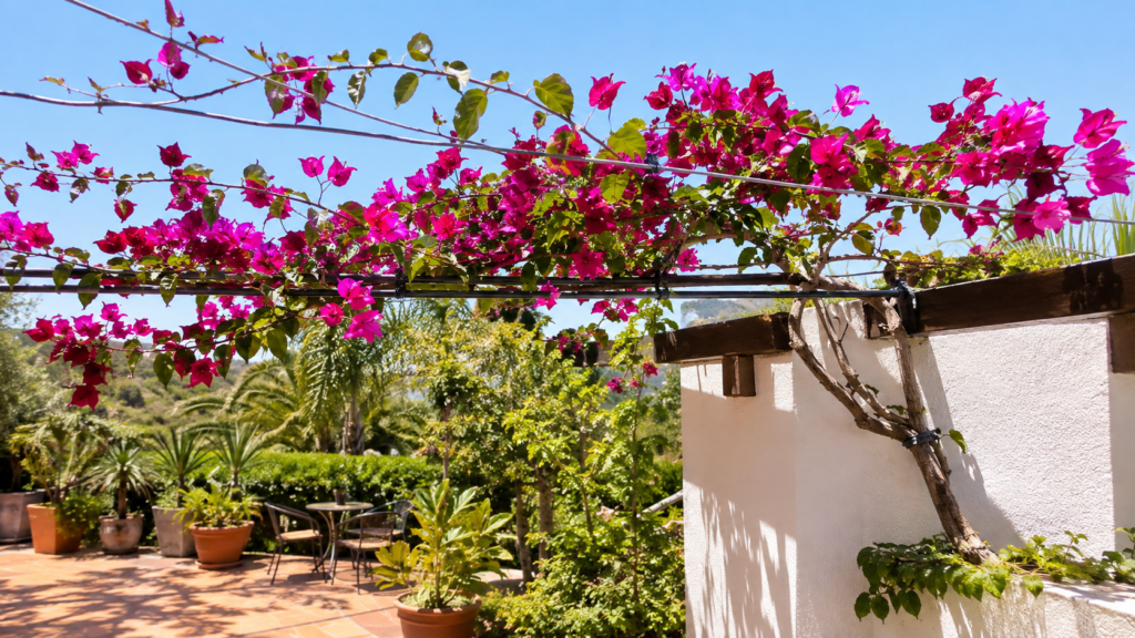 Buganvilla guiada sobre una estructura de jardín