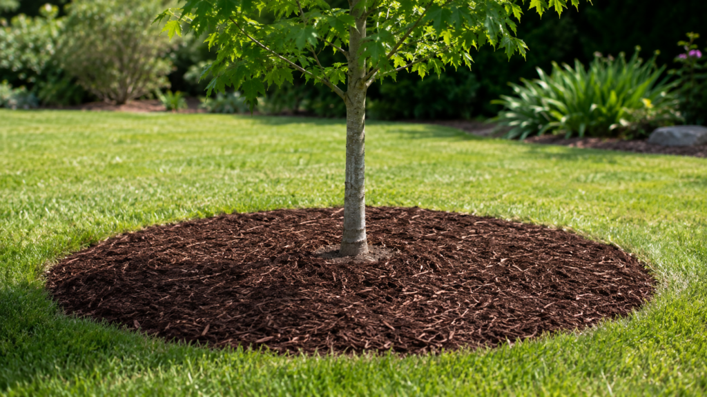 Árbol joven con acolchado extendido correctamente alrededor del tronco