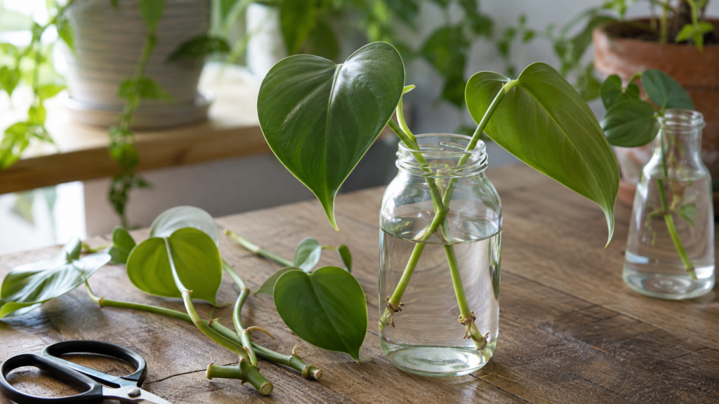 Esqueje de filodendro de hoja corazón colocado en agua para enraizar