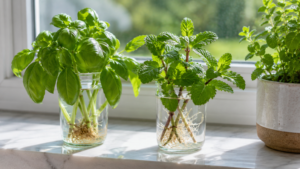 Esquejes de albahaca y menta desarrollando raíces en recipientes con agua
