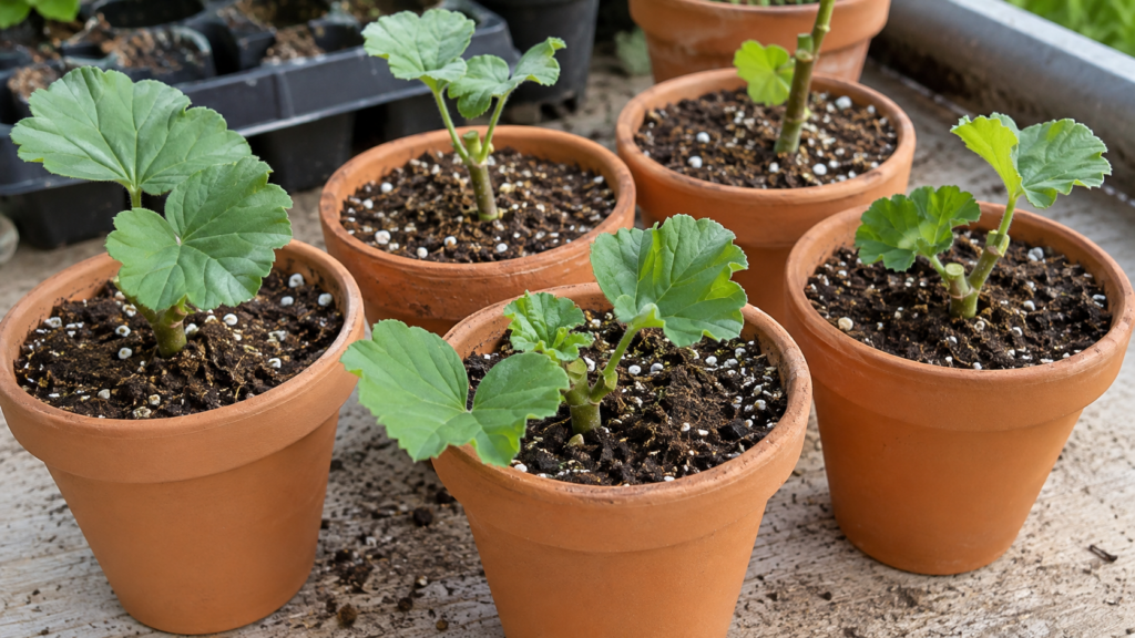 Varios esquejes de geranio plantados en macetas pequeñas con sustrato