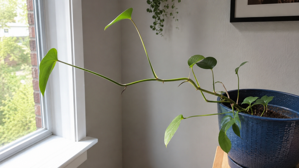 Planta con tallos largos y hojas separadas creciendo hacia una ventana por falta de luz