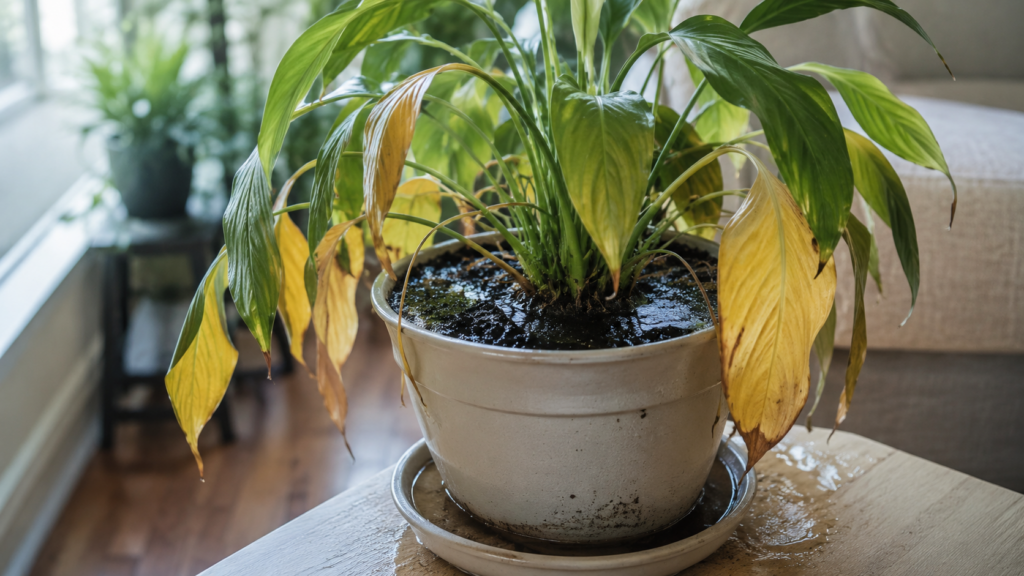 Planta con hojas amarillas y sustrato encharcado por posible exceso de riego