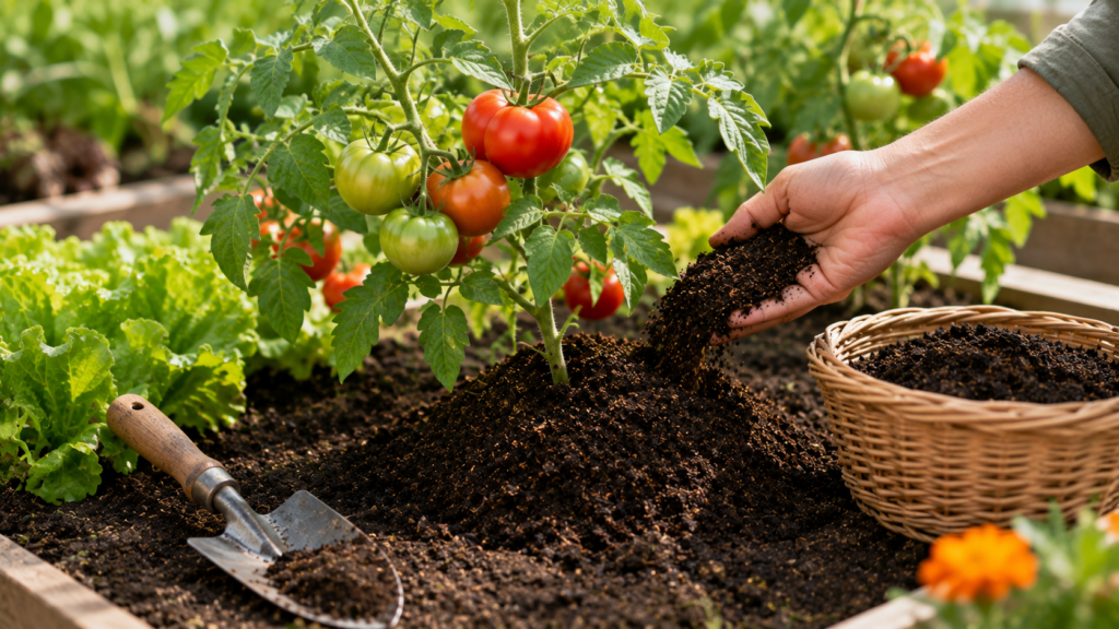 Aplicación de humus de lombriz en plantas de tomate