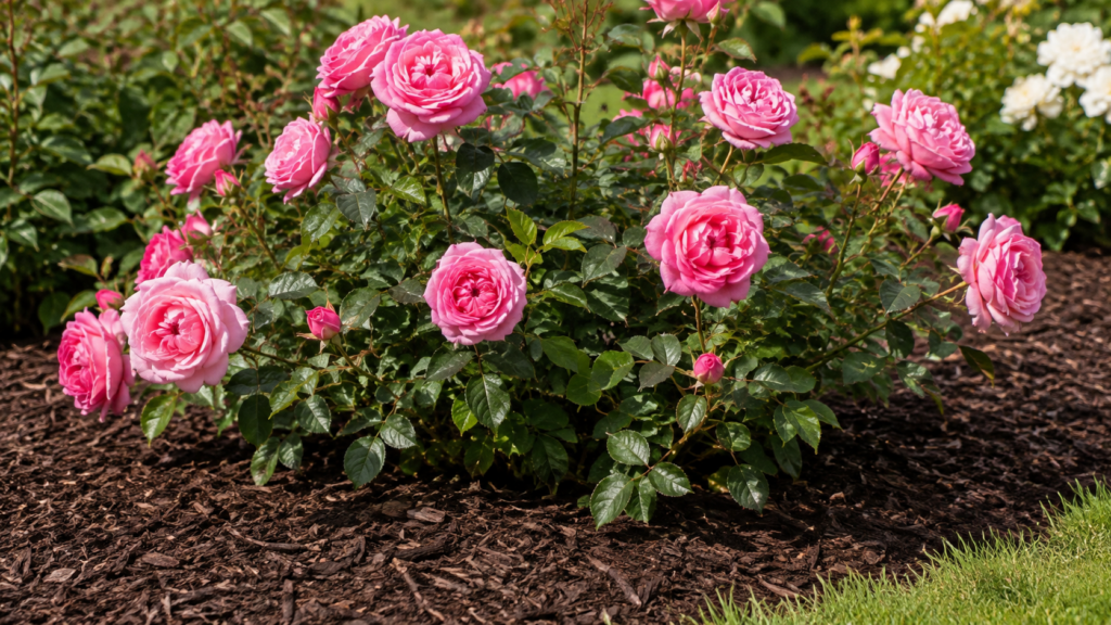 Rosal rosado creciendo sobre suelo cubierto con acolchado orgánico