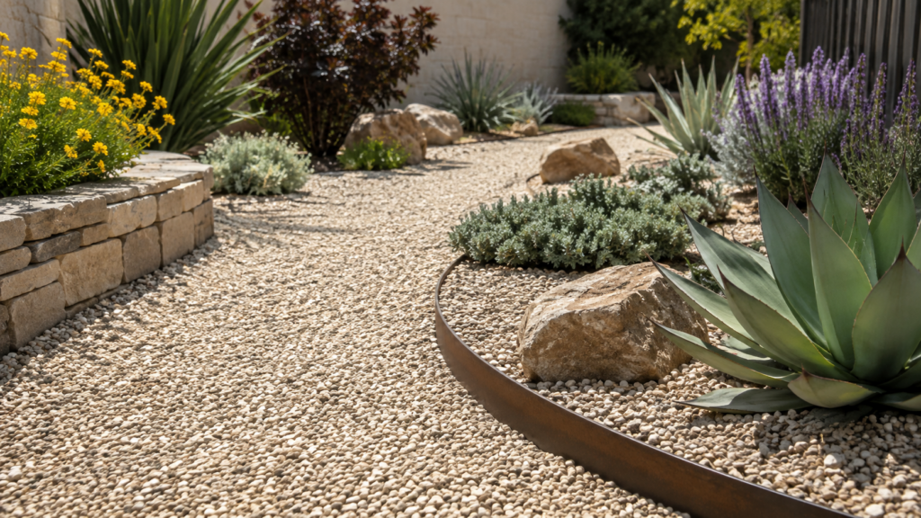 Jardín seco con grava decorativa utilizada como acolchado mineral