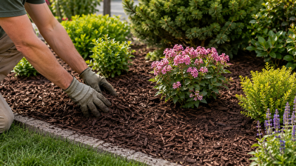 Aplicación de acolchado orgánico alrededor de plantas ornamentales