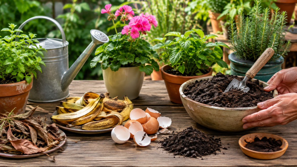 Abonos caseros para plantas con compost, cáscaras de plátano y cáscaras de huevo