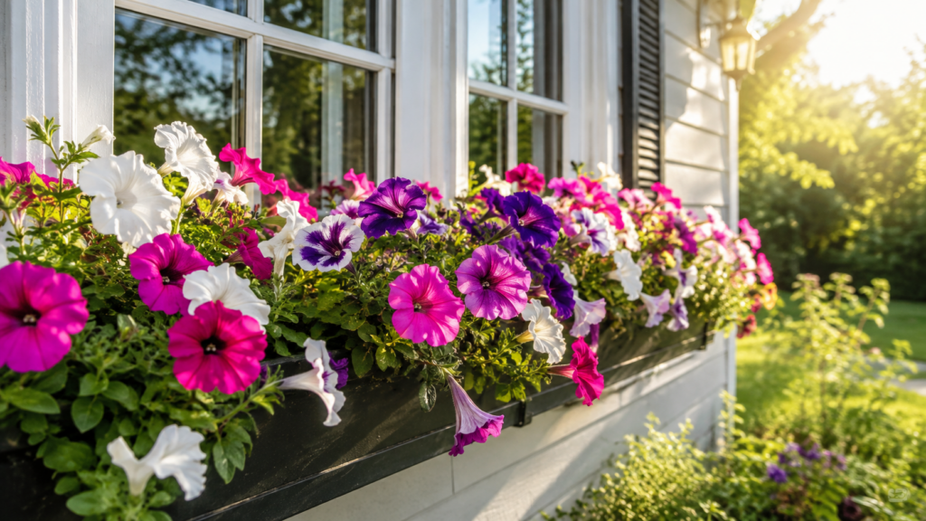 Petunias recibiendo varias horas de sol junto a una ventana