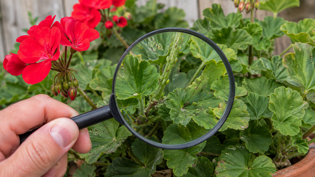 Inspección de un geranio para detectar plagas en hojas y tallos