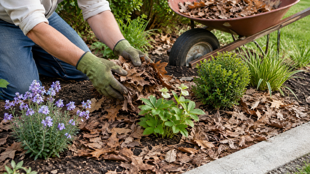 Aplicación de hojas secas como acolchado alrededor de plantas