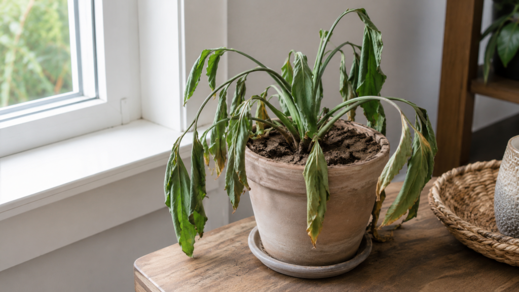 Planta con hojas caídas y sustrato seco mostrando señales de falta de agua