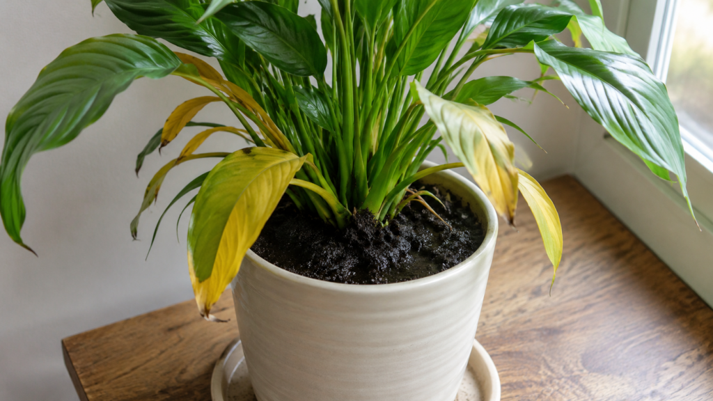 Planta con hojas amarillas y sustrato demasiado húmedo por exceso de riego