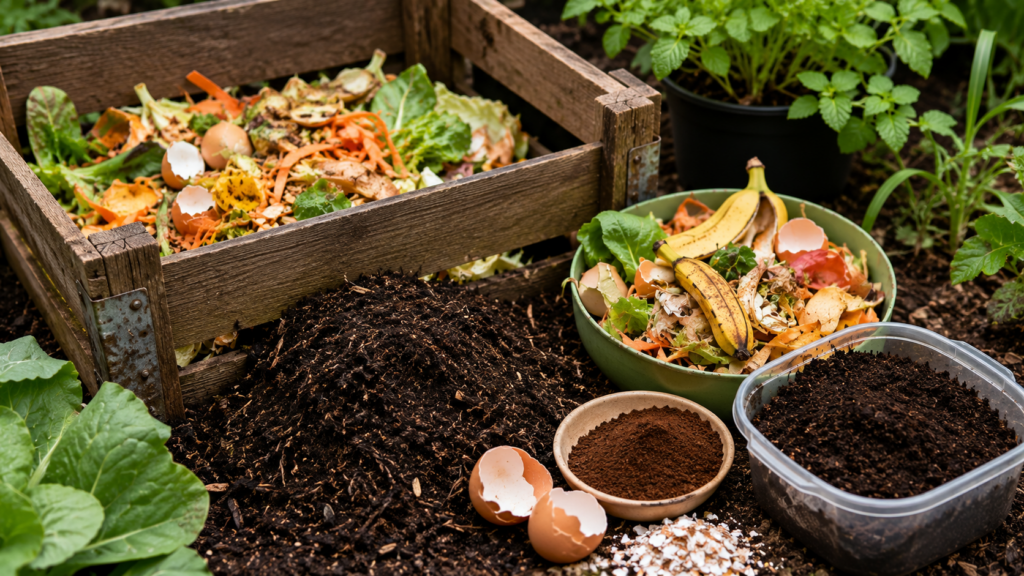 Compost casero preparado con residuos de cocina y jardín