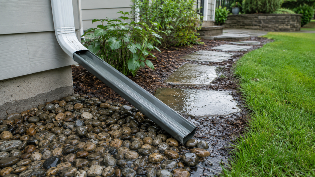 Bajante de lluvia descargando agua lejos del jardín