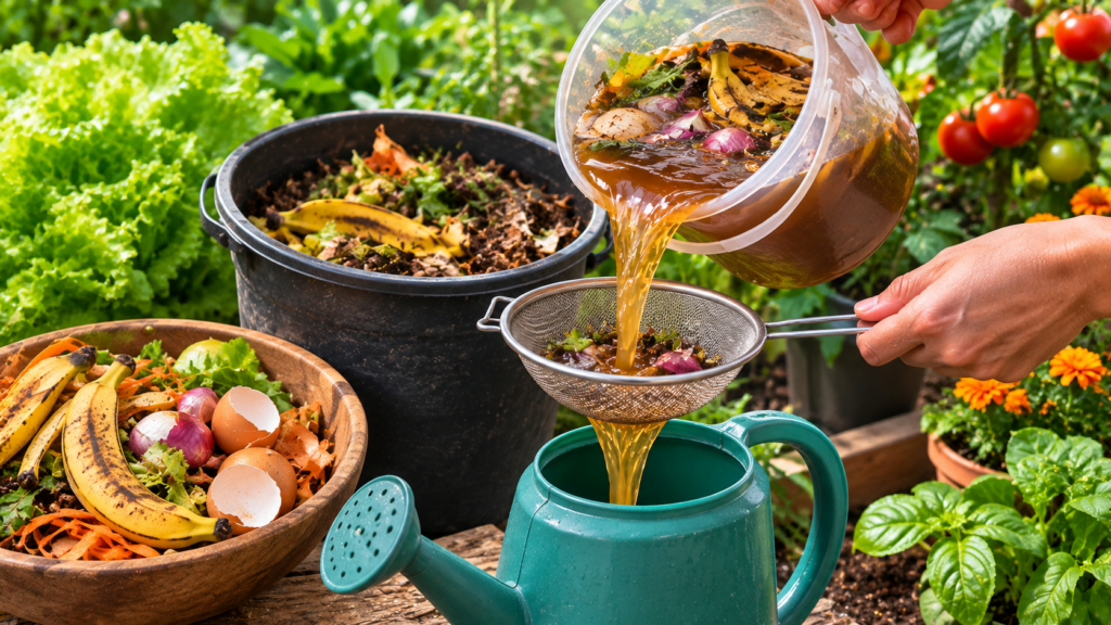 Preparación líquida casera con cáscaras y restos vegetales