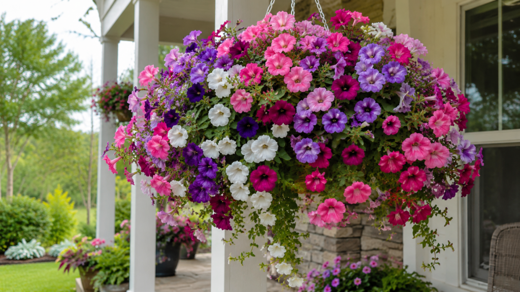 Cesta colgante llena de petunias rosadas blancas y moradas