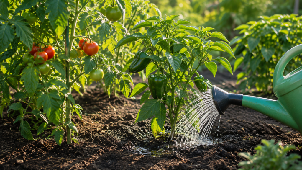 Riego directo en la base de plantas de tomate y pimiento cultivadas en el huerto
