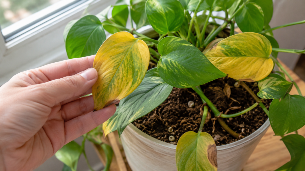 Hoja amarilla de pothos observada para identificar posibles problemas de riego luz o raíces