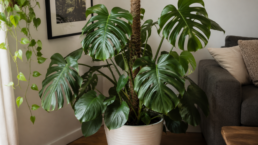 Monstera adulta cultivada en una maceta estable con tutor para sostener su crecimiento