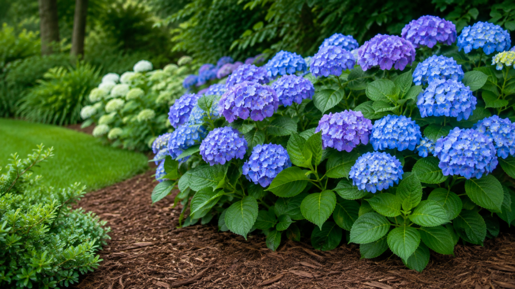 Hortensias azules con acolchado orgánico para conservar humedad