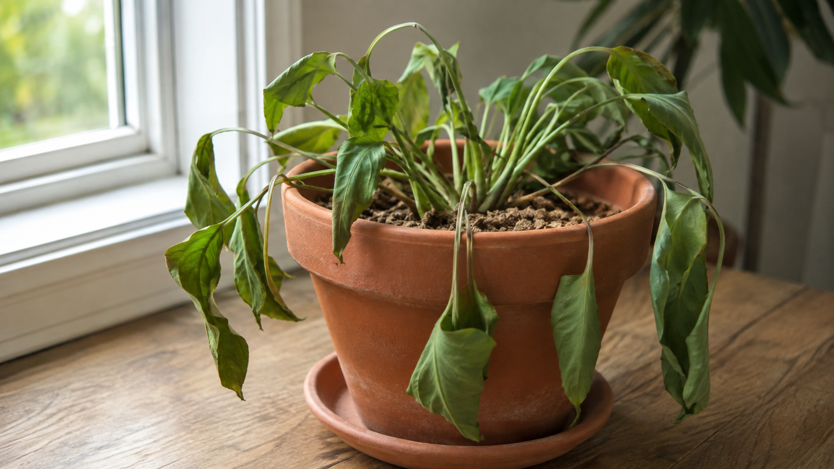 Planta con falta de agua y hojas caídas