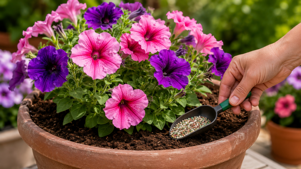 Aplicación de fertilizante equilibrado a petunias cultivadas en maceta